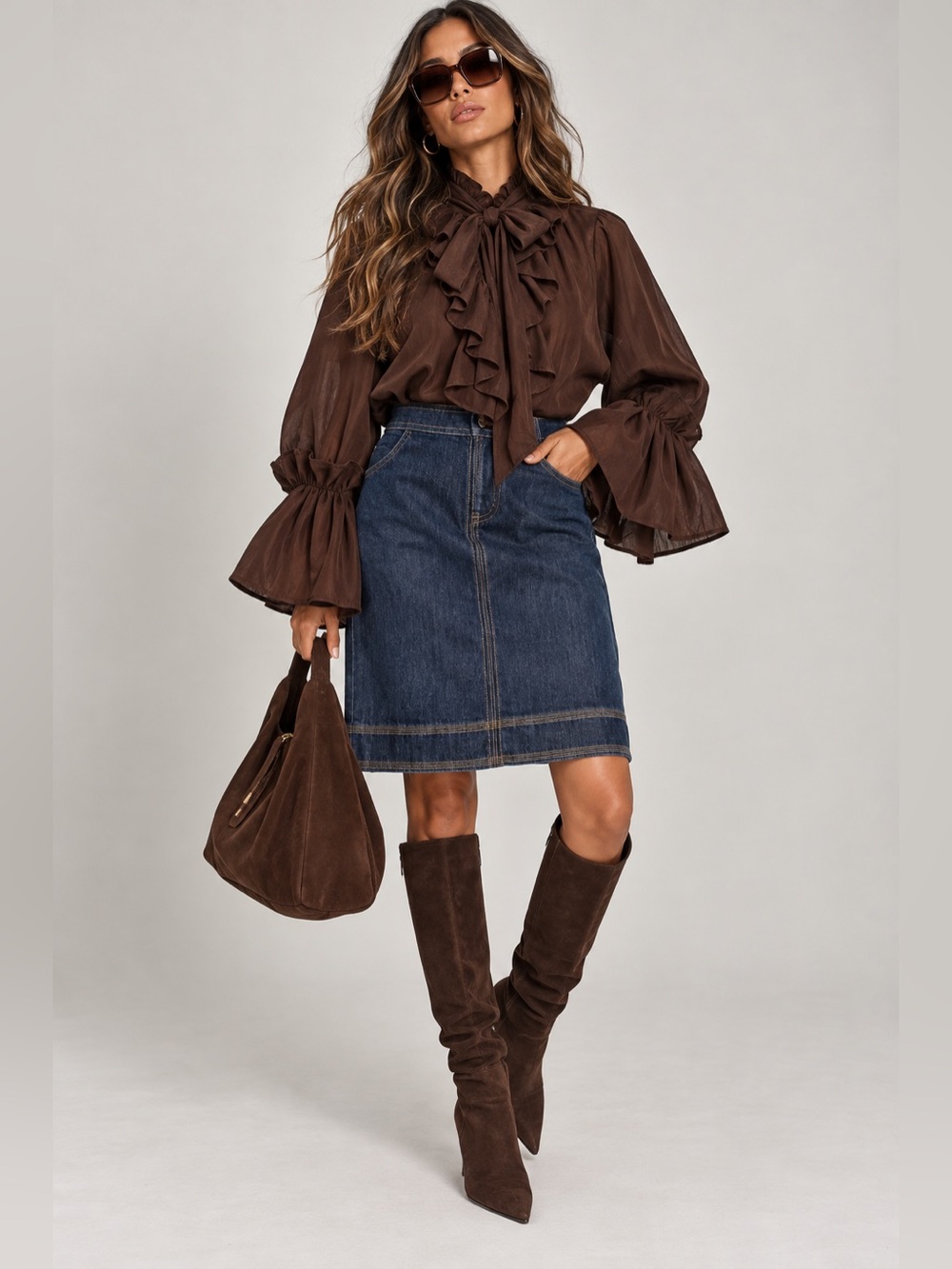 Boden High-Waisted Dark Denim with Brown Stich Detailing A-Line Midi Skirt Sz 2R